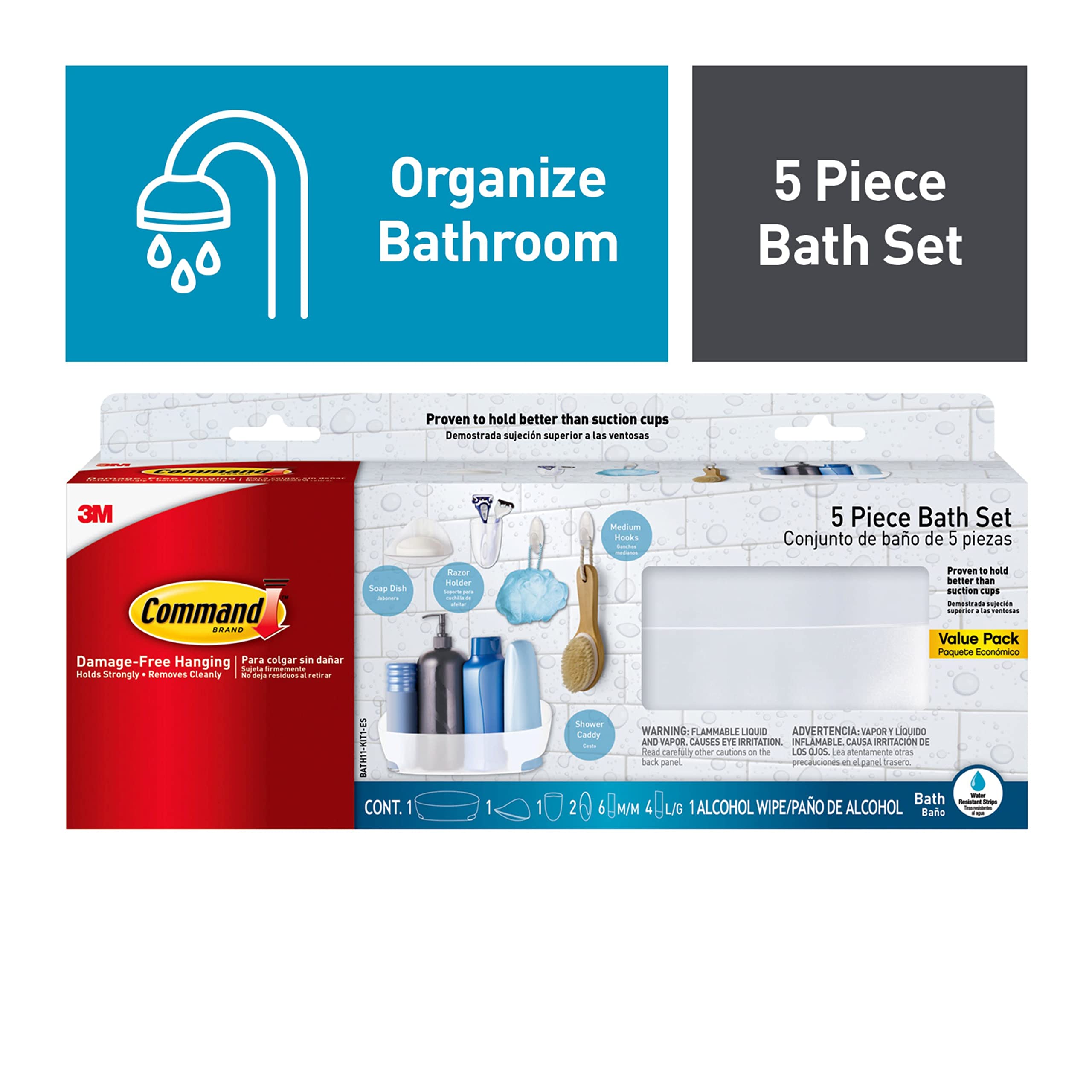 Command Bathroom Accessories, 5 Piece Bathroom Organizer Set - 1 Shower Caddy, 1 Soap Dish, 1 Toothbrush Holder, 2 Hooks With Wa
